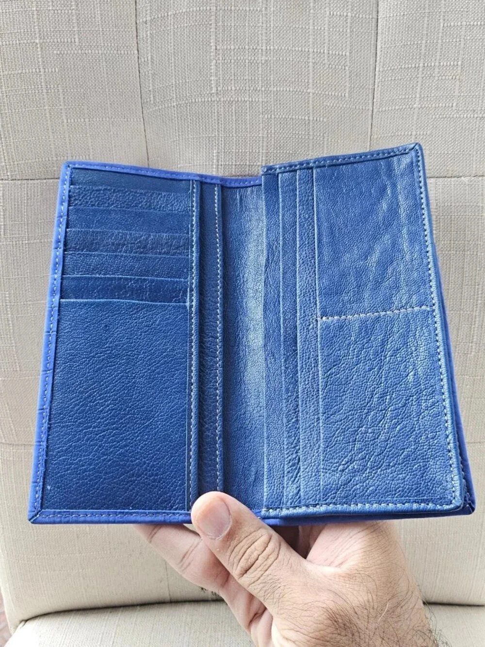Long Wallet Cardholder Blue Genuine Leather Billfold Clutch Purse Handma